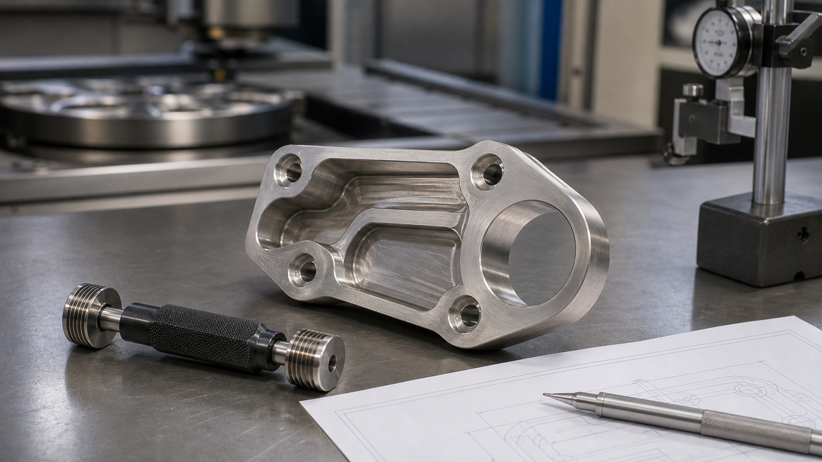 Custom machined titanium component inspected beside a gauge and technical drawing