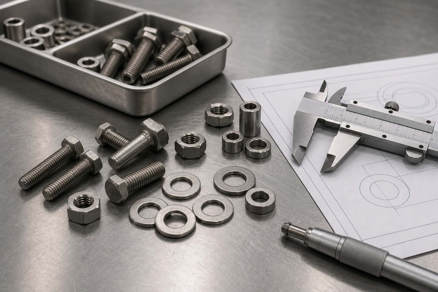 Stock titanium fasteners washers and spacers checked on an inspection bench
