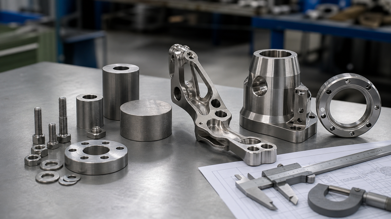 Stock titanium parts and custom machined titanium components on an industrial inspection bench