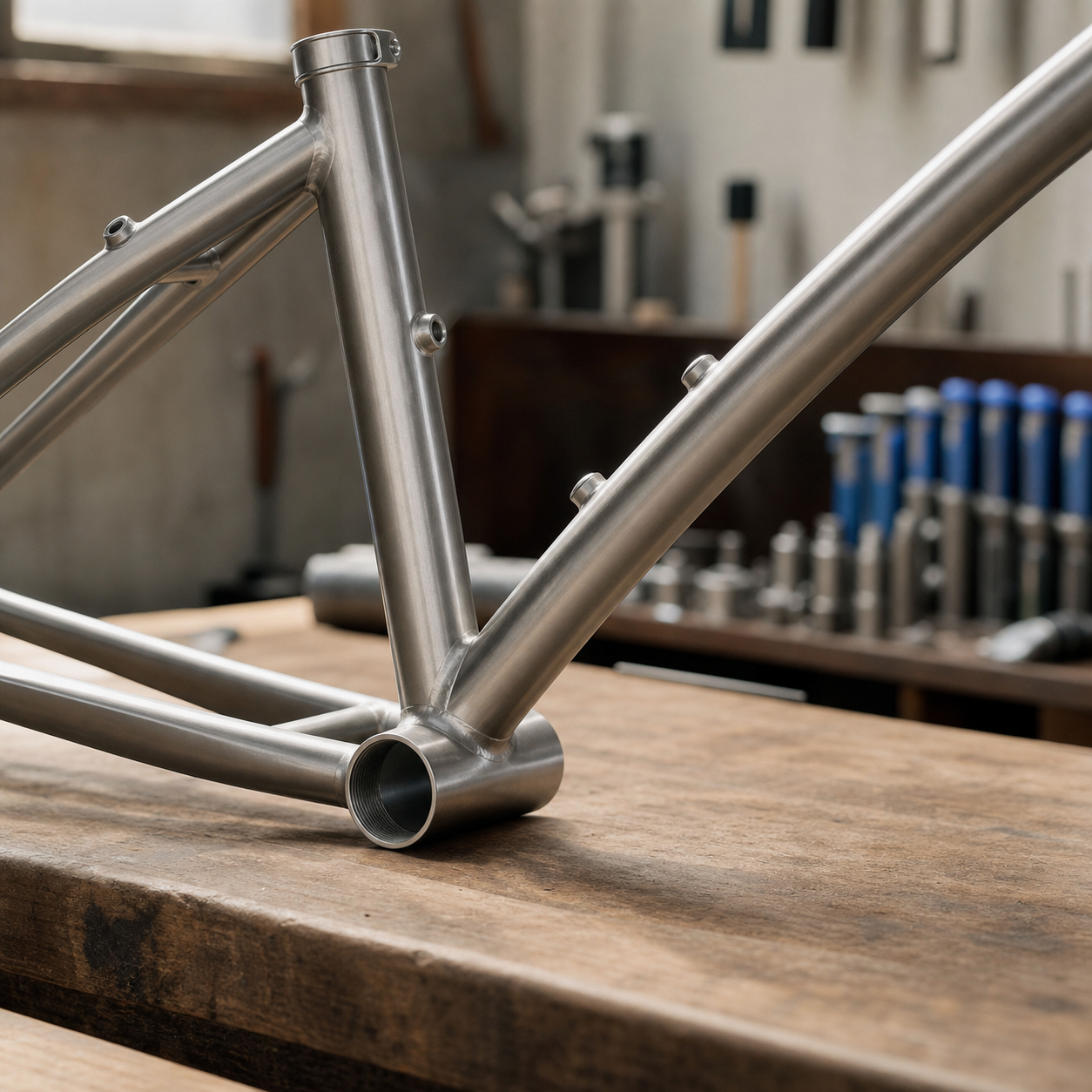 Brushed titanium bicycle frame tubes on a workshop bench