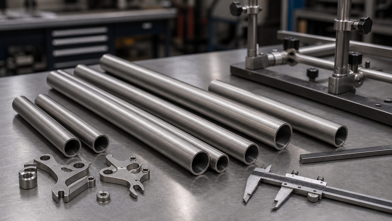 Titanium bicycle frame tubes and machined dropouts laid out for inspection