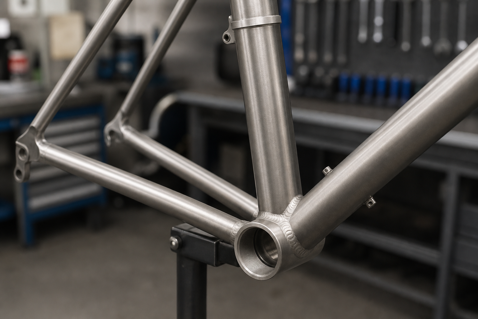 Close view of a titanium bicycle frame joint and weld on a workshop stand