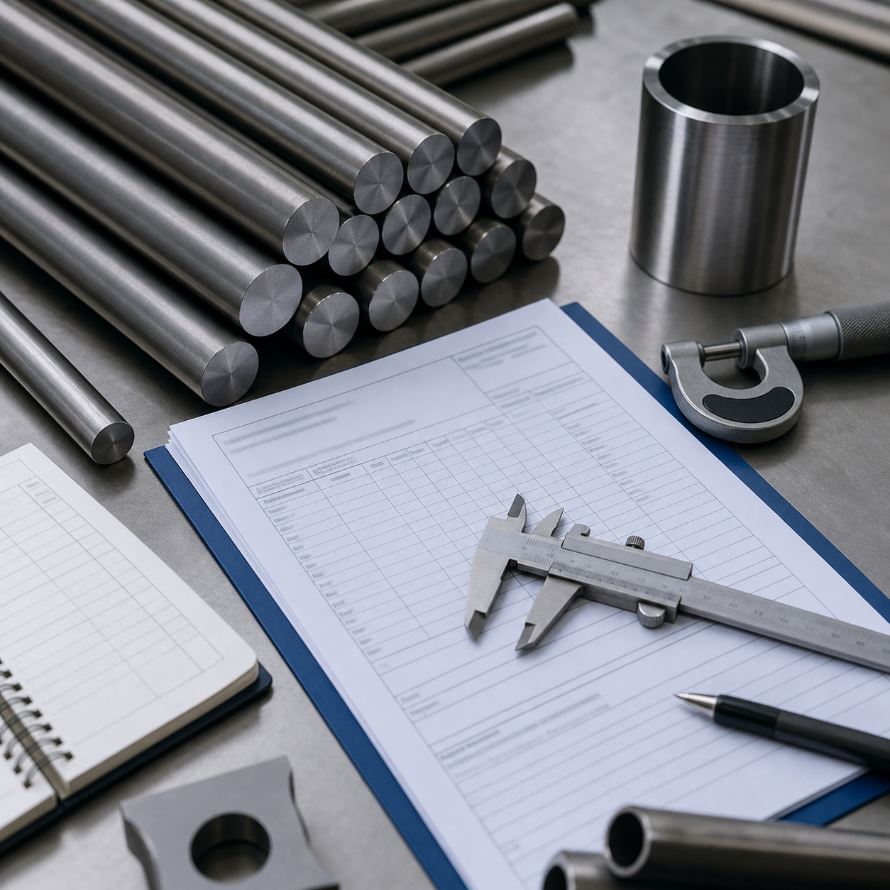 Titanium rods, calipers, and inspection documents on an industrial desk