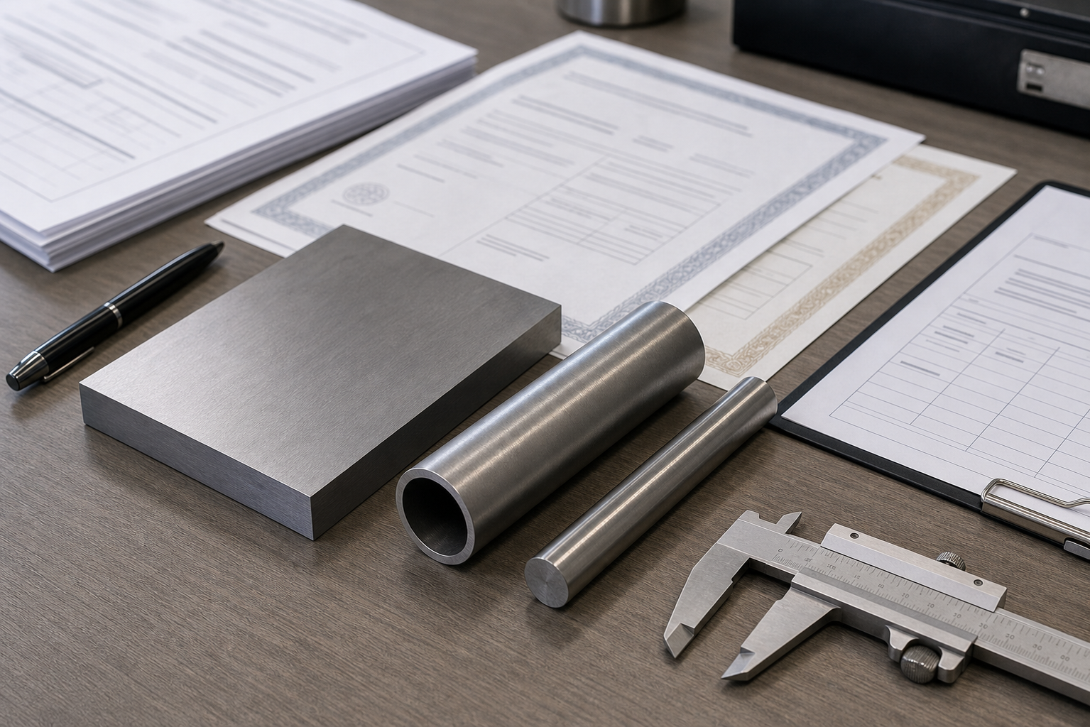 Titanium material samples reviewed beside certificates and inspection tools
