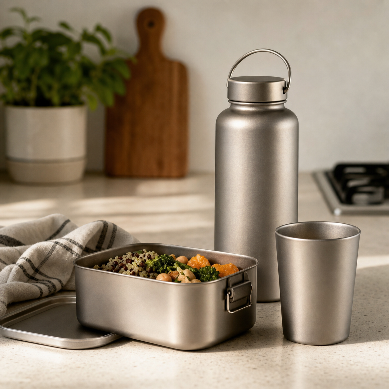 Matte titanium bottle, cup, and food container on a kitchen counter