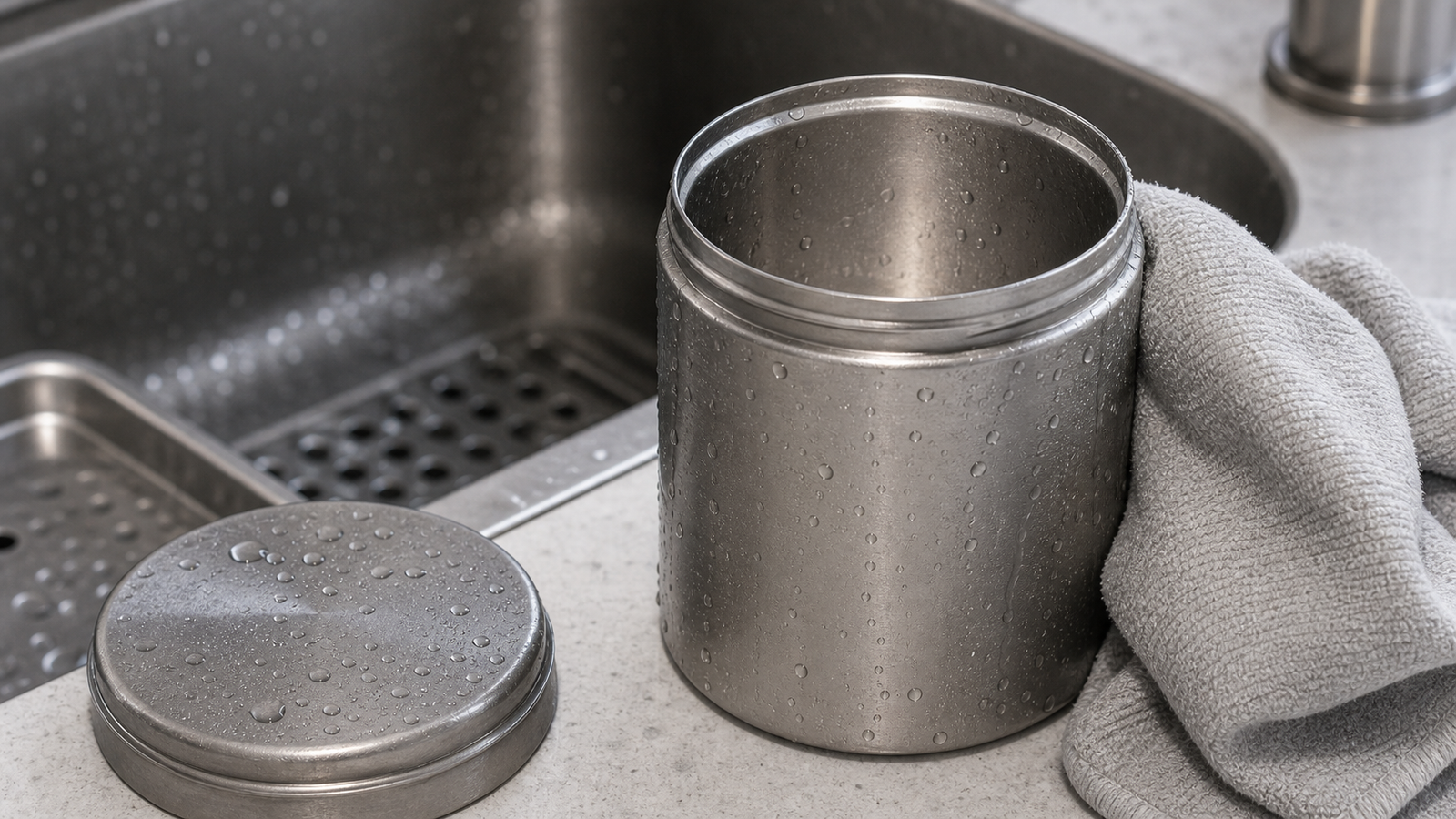 Titanium container being rinsed and dried to show a clean surface