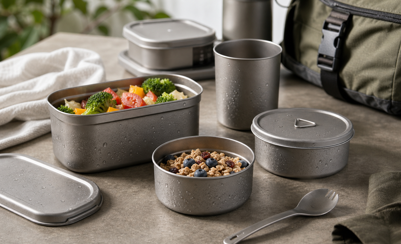 Unbranded titanium containers and cup arranged on a clean table