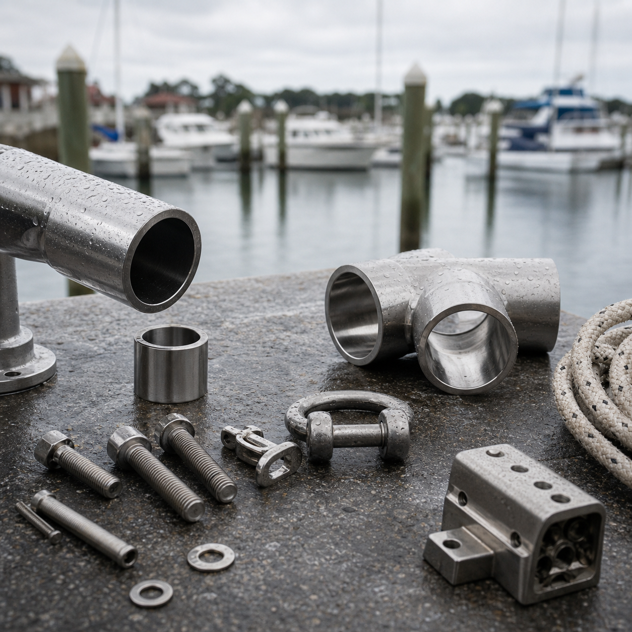 Titanium fittings and fasteners arranged near a coastal marina