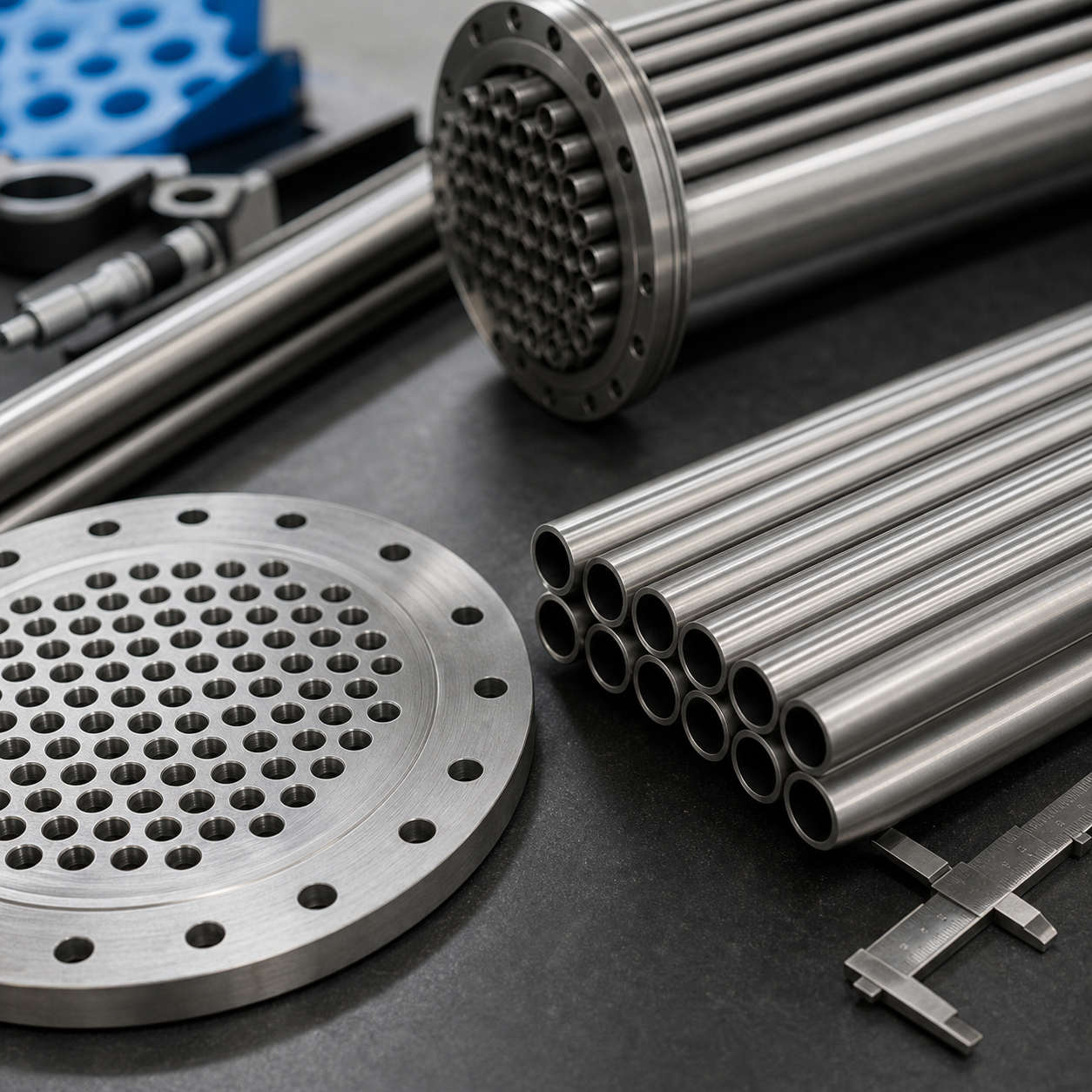 Titanium tubes and tube sheet parts arranged for heat exchanger inspection
