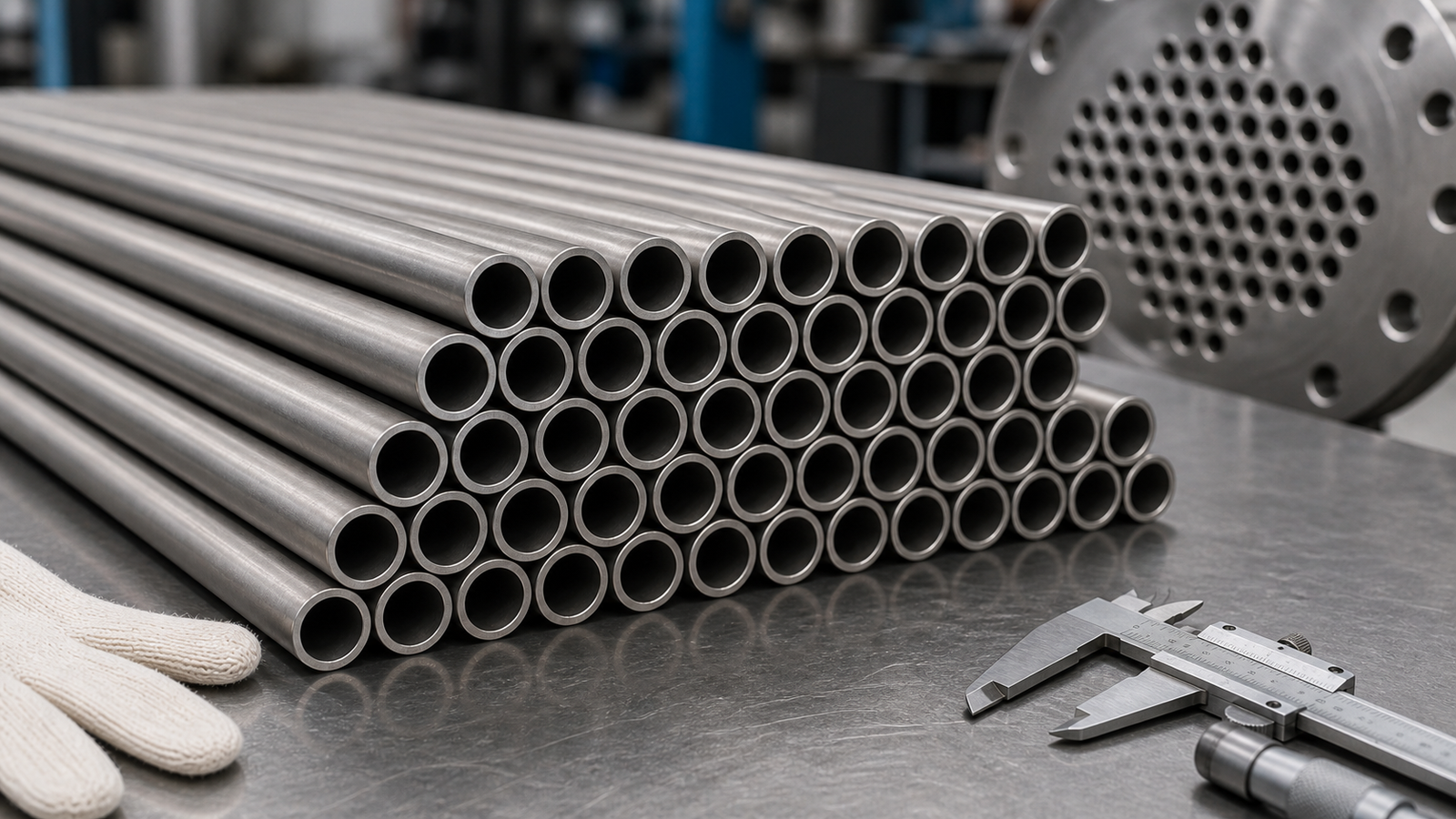 Titanium heat exchanger tubes aligned for bundle assembly and inspection