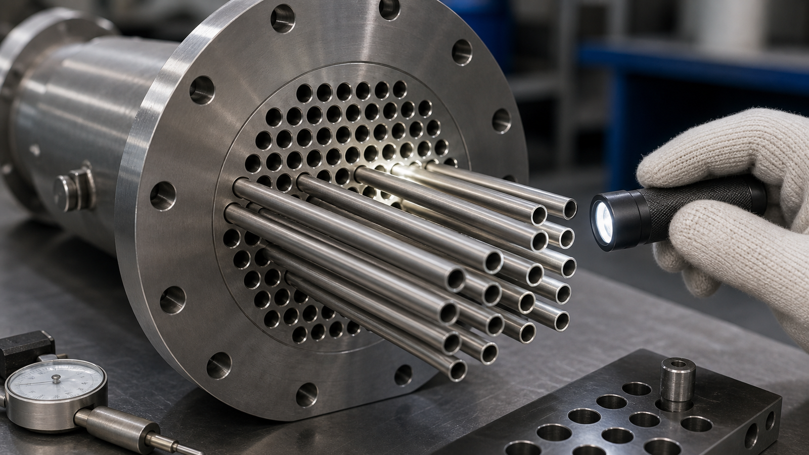 Titanium tubes aligned with a heat exchanger tube sheet during inspection