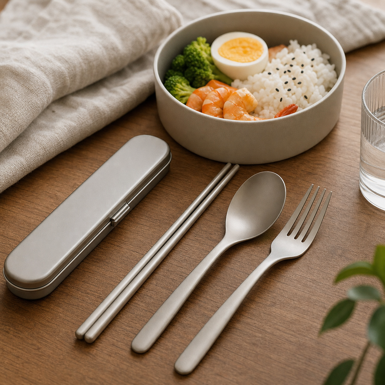 Titanium chopsticks, spoon, fork, and travel case beside a lunch bowl