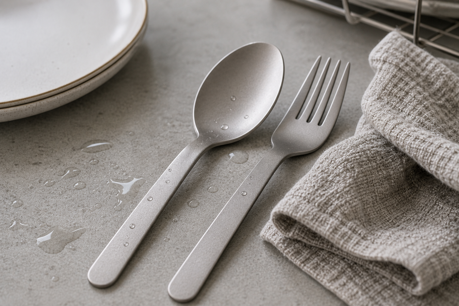 Titanium spoon and fork beside a drying cloth after washing