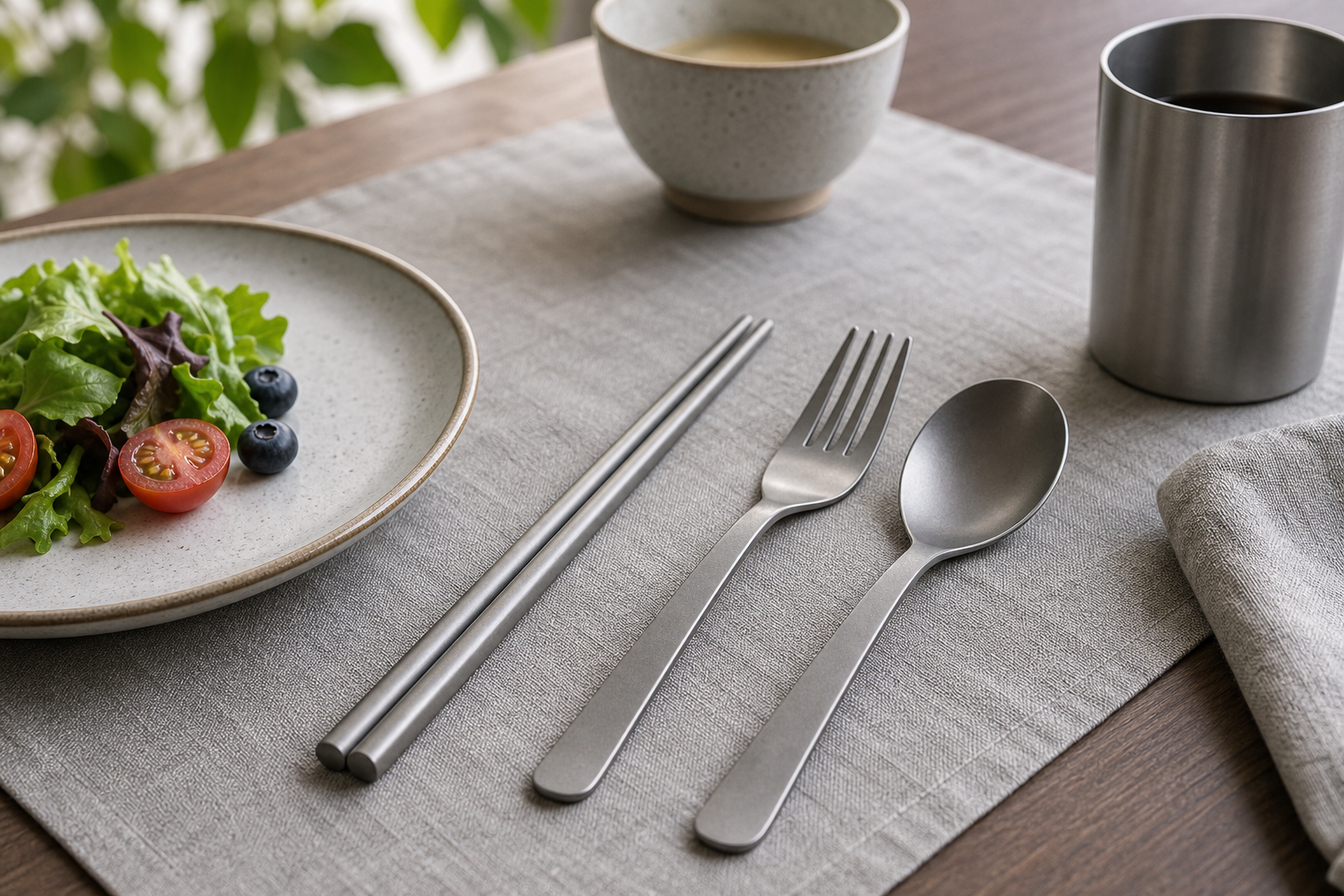 Unbranded titanium utensils arranged on a clean everyday table setting