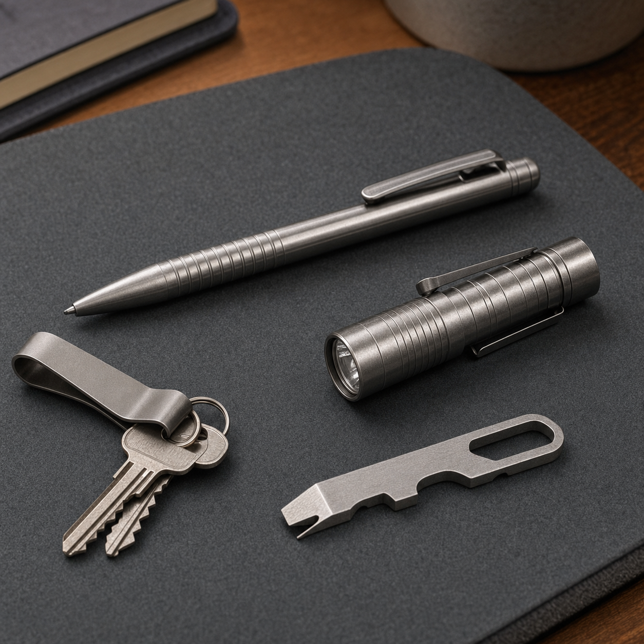 Titanium pen, flashlight, key clip, and pocket tools on a desk