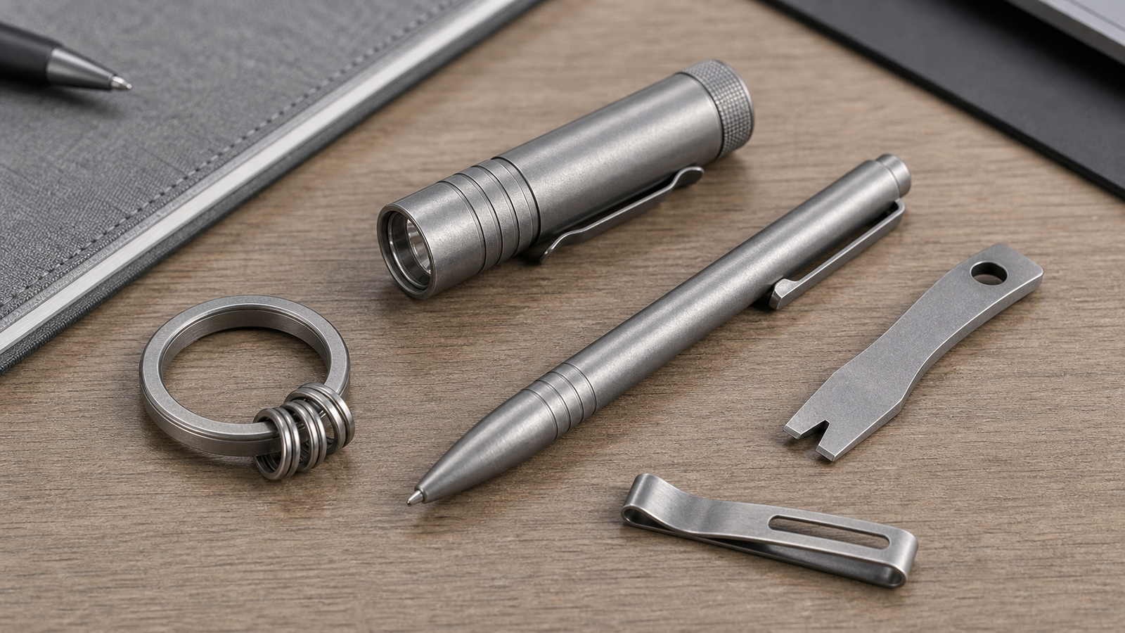 Unbranded titanium everyday carry items arranged on a clean desk