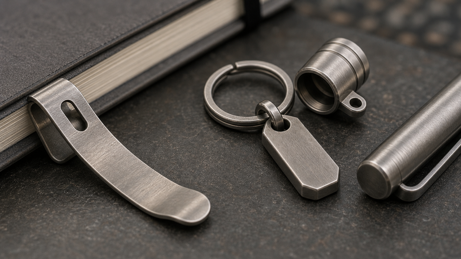 Close view of titanium pocket clip key ring and small machined components
