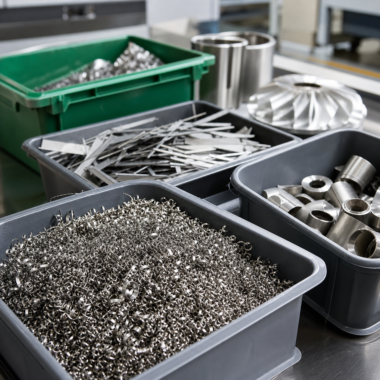 Sorted titanium chips, offcuts, and machined parts in clean recycling bins