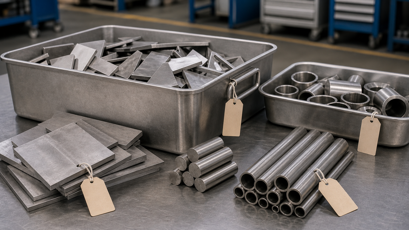 Titanium sheet offcuts tube pieces and bar ends sorted for material recovery