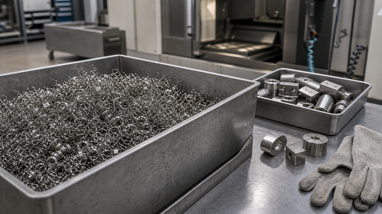 Clean titanium machining swarf collected in a metal bin for recycling
